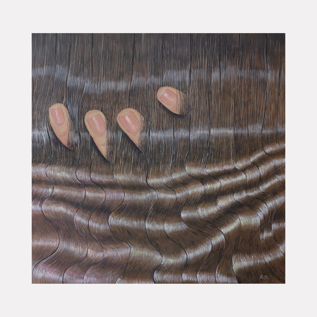 The artwork 'Her Hair' by Anastasia Korsakova depicts flowing waves of dark brown hair with intricate brushstrokes creating a silky, undulating texture. Four abstract peach-colored shapes float above the hair waves, suggesting fingertips emerging through the strands. Oil painting technique masterfully captures the glossy, dimensional quality of flowing hair.