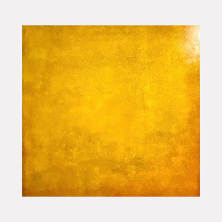 The artwork 'Here Comes the Sun' by Nicole Hitchcock features a vibrant golden yellow abstract composition with subtle textural variations. The acrylic painting showcases luminous warm tones that radiate across the 48x48 inch canvas, creating a sunlit atmospheric effect with gentle gradients and organic patterns.