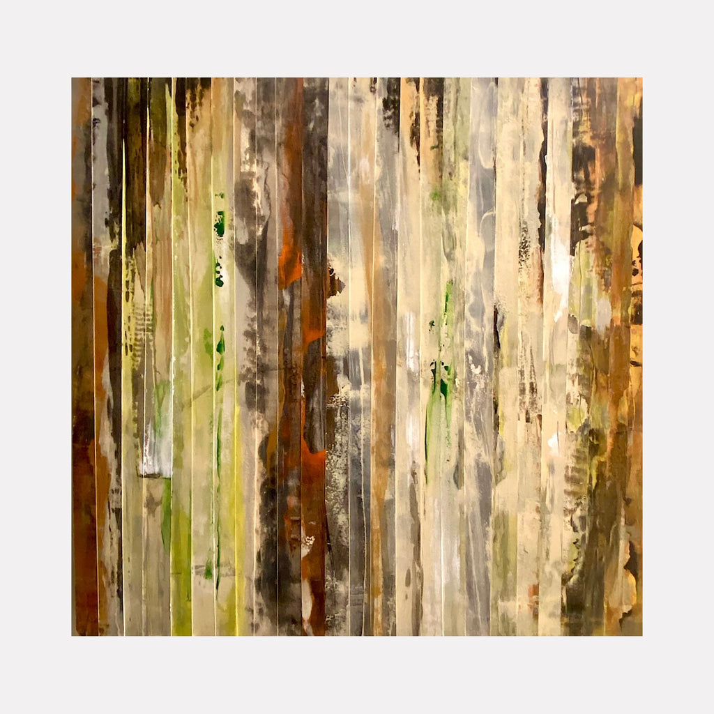 The artwork 'Hollow Earth' by Nicole Hitchcock features vertical striations in earthy tones, combining browns, greens, and creamy whites. Abstract collage elements layered with resin create a textured, forest-like pattern with dripping effects. The 24x24 inch piece displays a harmonious blend of organic streaks and weathered patinas, suggesting natural erosion and geological formations.