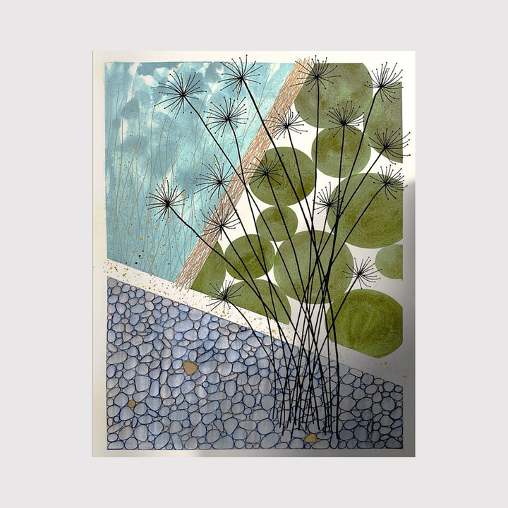 The artwork 'Hope' by Jocelyn Benford features delicate black dandelion stems rising from a textured grey stone path, set against a backdrop of olive-green circular leaves and a serene turquoise sky. The watercolor and mixed media composition creates a tranquil botanical scene with minimalist elements and nature-inspired textures.