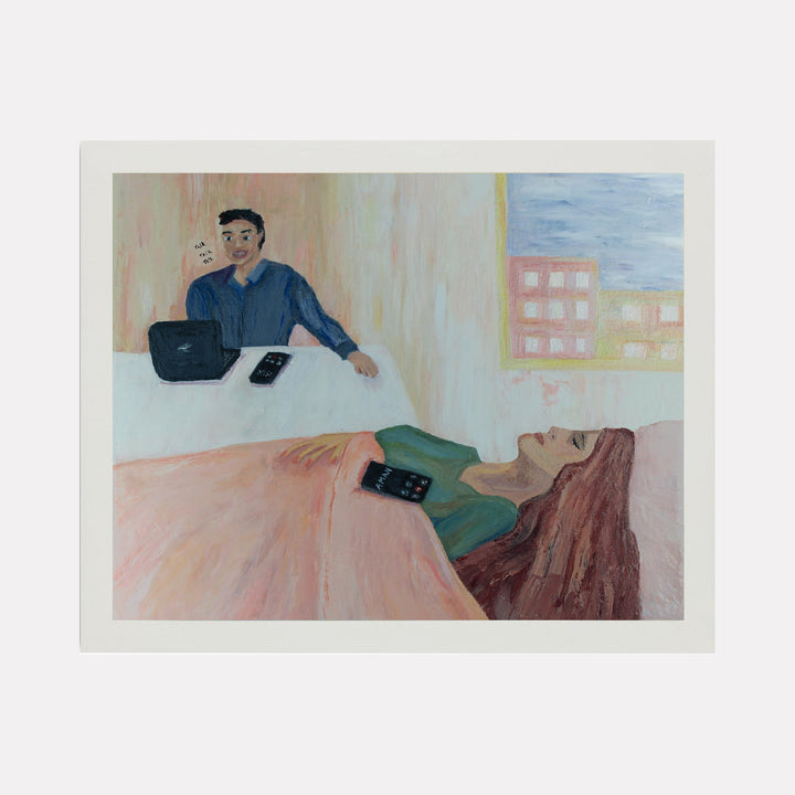 The artwork 'Hot Line' by Ali Ha depicts a contemporary scene with two figures in a minimalist interior setting. Oil painting featuring soft pastel colors, with peach and blue tones. A figure sits at a white surface with electronic devices while another reclines nearby. Urban buildings visible through a window. Brushwork shows loose, expressive strokes on canvas, 11x14 inches. By Ali Ha.