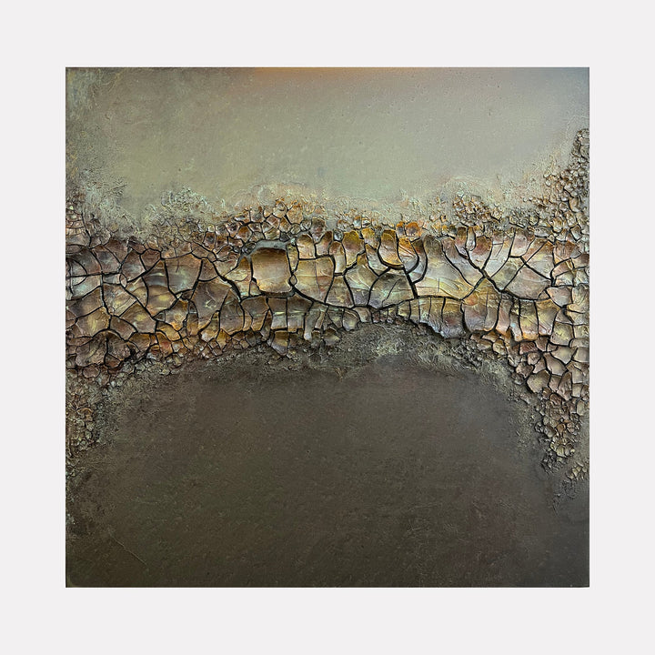 The artwork 'Hour of Silence' by Abbey Stace features a textured horizontal band of crackled plaster resembling dried earth, painted in earthy browns and golden highlights against a moody gray background. The heavily textured surface creates a dimensional, geological appearance with intricate fissures and layered elements.