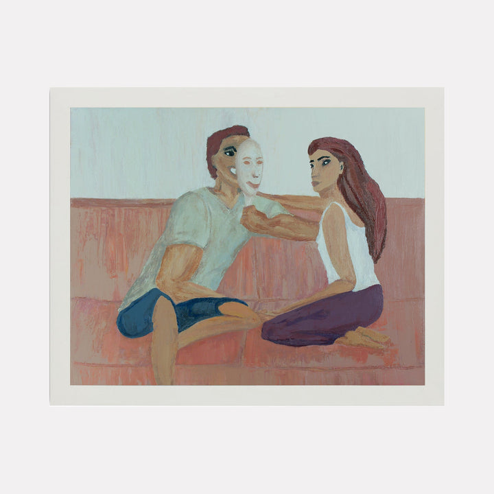 The artwork 'Hyde Always Wins' by Ali Ha depicts two figures in a casual setting against a soft mint background. Oil on canvas painting showcases gentle brushstrokes creating a warm, intimate scene on a coral-colored couch. The composition features muted pastel tones, with subtle textures and contemporary figurative style, sized 11x14 inches. Art by Ali Ha.