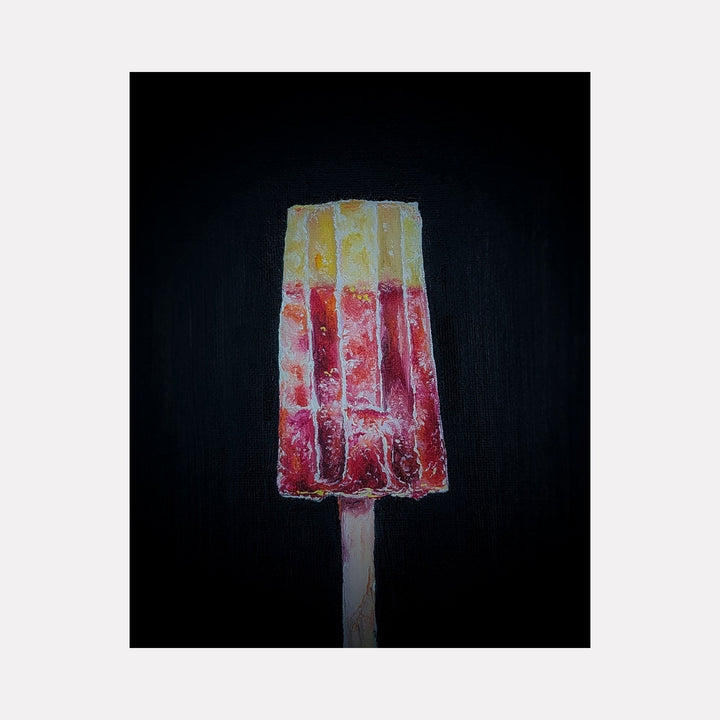 The artwork 'Ice Breaker II' by Shweta Matai depicts a vibrant popsicle against a dark background, featuring a gradient of yellow to red hues with textured, crystalline surfaces suggesting frost and ice. The oil painting captures the translucent, layered effect of a frozen treat with impasto brushwork on canvas panel.