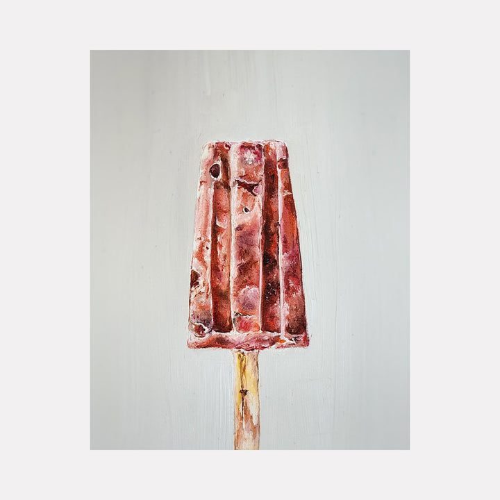 The artwork 'ICE BREAKER I' by Shweta Matai depicts a realistic oil painting of a red-toned popsicle on a wooden stick against a light gray background. The popsicle features vertical ridges and textural variations, creating a three-dimensional effect with rich burgundy and coral hues, capturing the frozen, crystalline nature of the ice pop.