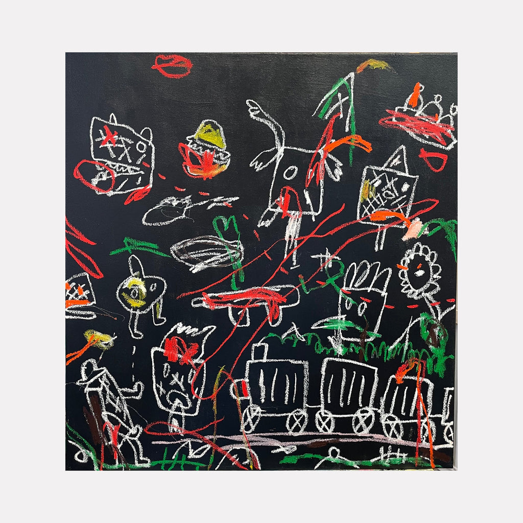 The artwork 'Candy Land' by Andrew Chan features whimsical chalk-like drawings on a black canvas. Primitive figures, geometric shapes, and abstract characters are rendered in vibrant red, white, green, and yellow strokes. The composition displays a playful, child-like aesthetic with scattered elements including train-like forms and animated figures, creating a dynamic and energetic scene executed in acrylic paint.