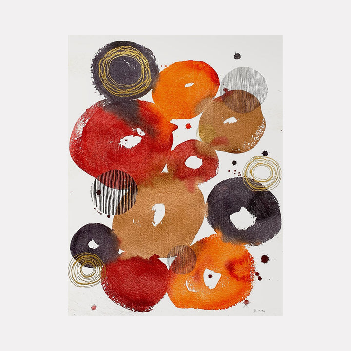 The artwork 'I Think I Can' by Jocelyn Benford features abstract circular forms in vibrant watercolor, combining deep reds, bright oranges, rich browns, and black. The composition shows overlapping circles with textural elements, gold spiral details, and spontaneous ink splatters on white paper, creating a dynamic and modern mixed media piece.