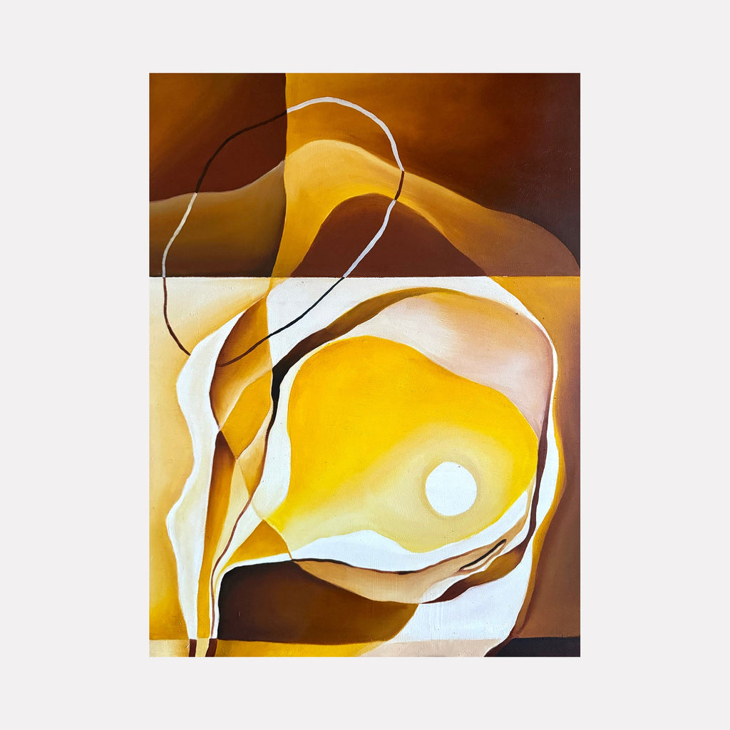 The artwork 'Icarus Blinking' by Meam Hartshorn features abstract organic shapes in warm amber and golden tones, with flowing white curves creating dynamic movement across the panel. A luminous circular form suggests a sun or eye, surrounded by undulating layers of ochre and brown, painted in smooth oil technique on panel.