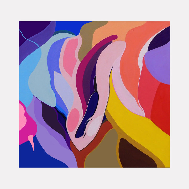 The artwork 'initiis novis' by Ellannah Sadkin features fluid, organic shapes in vibrant colors including deep purples, bright blues, soft pinks, bold reds, and warm yellows. Abstract curved forms flow across the square canvas, creating a dynamic composition of interlocking waves and swirls rendered in acrylic paint. The 19.5-inch contemporary piece showcases a harmonious color play with smooth transitions between hues.