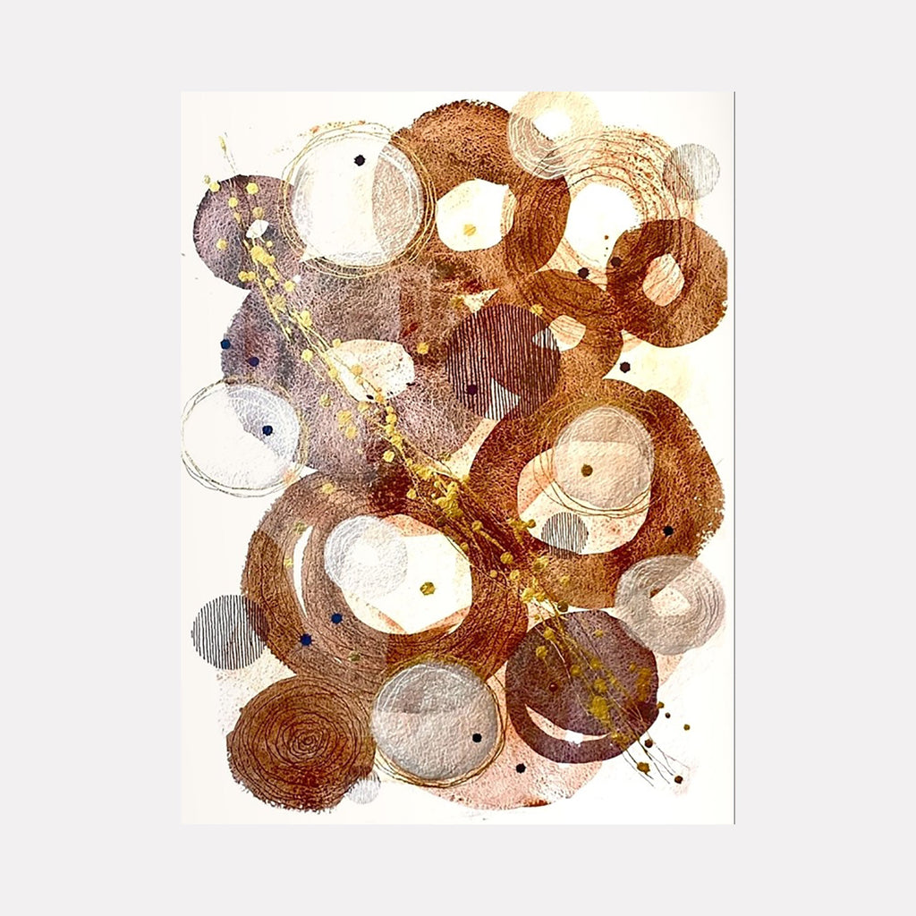 The artwork 'Inner Strength' by Jocelyn Benford features a dynamic abstract composition of overlapping circular forms in rich browns, muted purples, and creamy whites. Watercolor and mixed media create textural rings and spiraling patterns, with delicate splashes of gold accents throughout the 36x27 inch piece. By Jocelyn Benford.