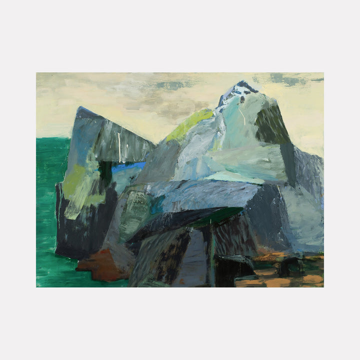 The artwork 'Interior' features bold, expressionistic mountain peaks rendered in varying shades of grey, blue, and sage green against an emerald ocean and pale yellow sky. The oil painting captures dramatic cliff formations with abstract brushstrokes and layered textures, creating a powerful landscape composition by Marianne Barcellona.