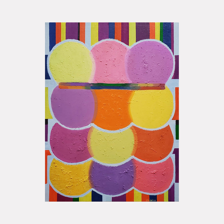 The artwork 'Carnival' features vibrant circular patterns arranged in a grid-like formation against a striped background. Twelve textured circles in pastel and bright hues including yellow, pink, purple, and orange create a playful composition. The oil painting showcases a rich, impasto technique with mixed media elements, creating a festive and contemporary abstract design by Jade Chan.