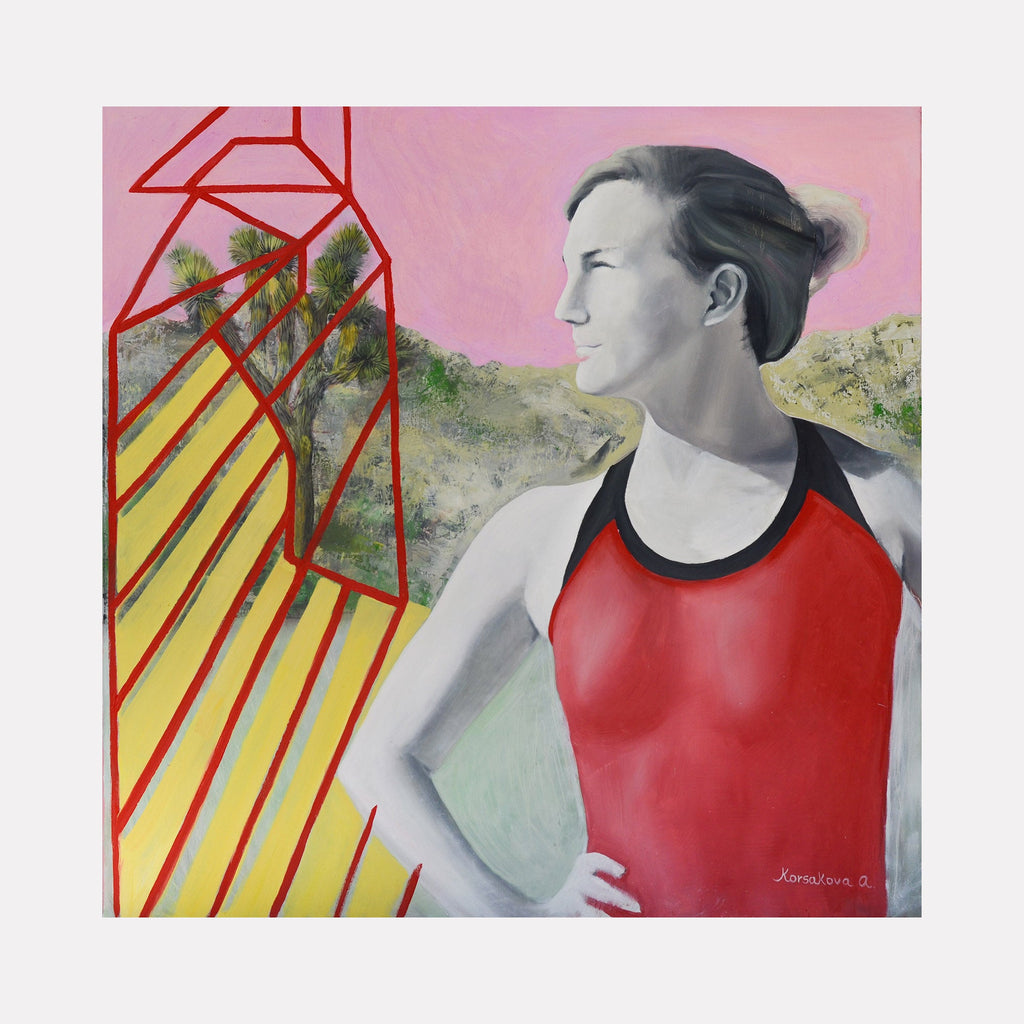 The artwork 'Joshua Tree' features a contemplative figure in a red athletic tank top against a soft pink sky. A geometric red structure with yellow stripes creates bold architectural lines, complemented by distant green foliage. The oil painting combines realism and geometric abstraction in a 36x36 inch composition by Anastasia Korsakova.