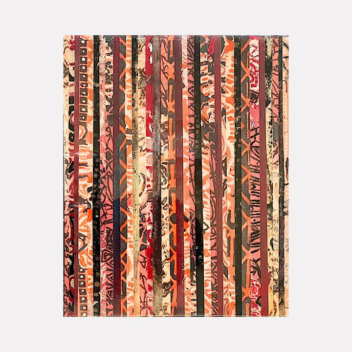 The artwork 'La Robe' by Nicole Hitchcock features vertical striped patterns in warm coral, peach, and burgundy tones, created through layered collage technique. Abstract floral and geometric motifs interweave throughout the composition, sealed with glossy resin finish. The textural elements create a rhythmic, linear design with vintage-inspired patterns.