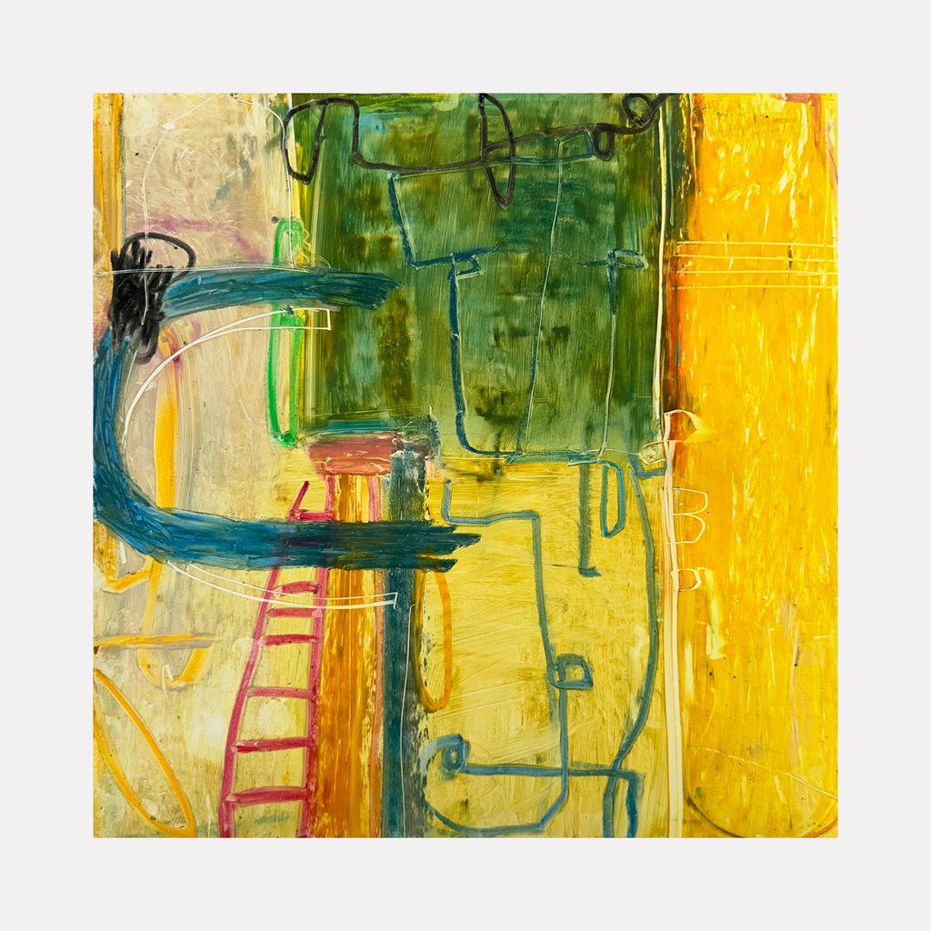 LS Series no. 6 by Janice La Motta features abstract expressionist composition with vibrant yellow borders contrasting against deep green center. Gestural brushstrokes create fluid blue curves and ladder-like forms, executed in oil stick on Yupo paper, revealing dynamic movement and textural depth. By Janice La Motta.