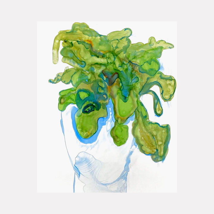 The artwork 'Lamb's Ear' by Monica Carrier features vibrant watercolor illustration depicting soft, fuzzy green leaves in a white ceramic vase. The leaves display varying shades of chartreuse and emerald, with fluid, organic shapes and delicate blue undertones, rendered in archival ink on synthetic paper with translucent watercolor effects.