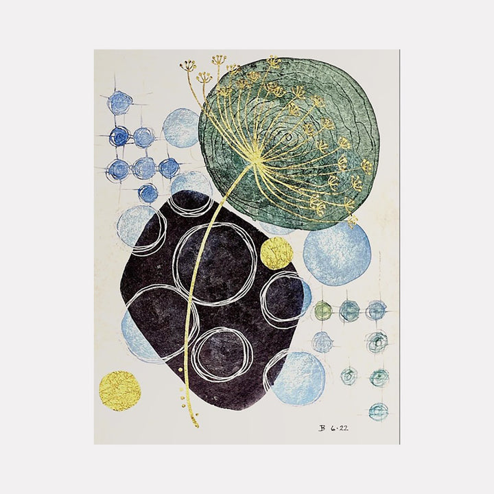 The artwork 'Leap of Faith' by Jocelyn Benford features a dynamic abstract composition with circular forms. A large sage green spiral disk dominates the top, accented with golden details, while black organic shapes cluster below. Delicate blue orbs float throughout the watercolor piece, creating a sense of movement and depth on white paper.