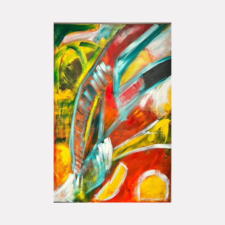 The artwork 'Manifestation' by Genevieve Antonello features dynamic brushstrokes in vibrant colors of yellow, red, and teal. Abstract curved forms sweep across the canvas, creating a sense of movement and energy. Bold gestural marks and layered paint application suggest organic shapes against a warm-toned background, painted in oil on board. Artwork by Genevieve Antonello.