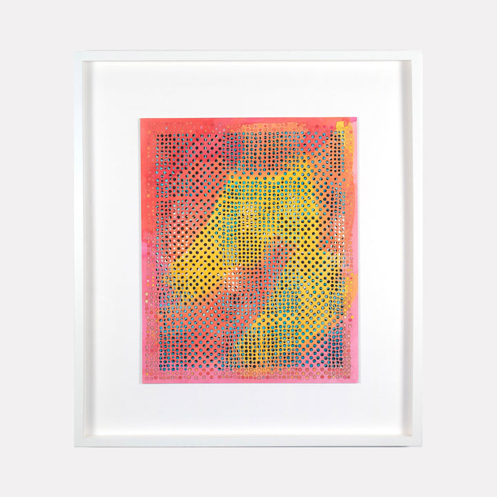 The artwork 'Mar' by Margaret Griffith features a vibrant abstract composition of perforated paper with a dynamic color palette of coral pink, bright yellow, and subtle purple hues. The piece showcases a grid-like pattern of small circular cutouts, creating a textured, mesh-like appearance. The acrylic paint application creates gradient effects and color transitions across the 30x27-inch surface, framed in crisp white by Margaret Griffith.