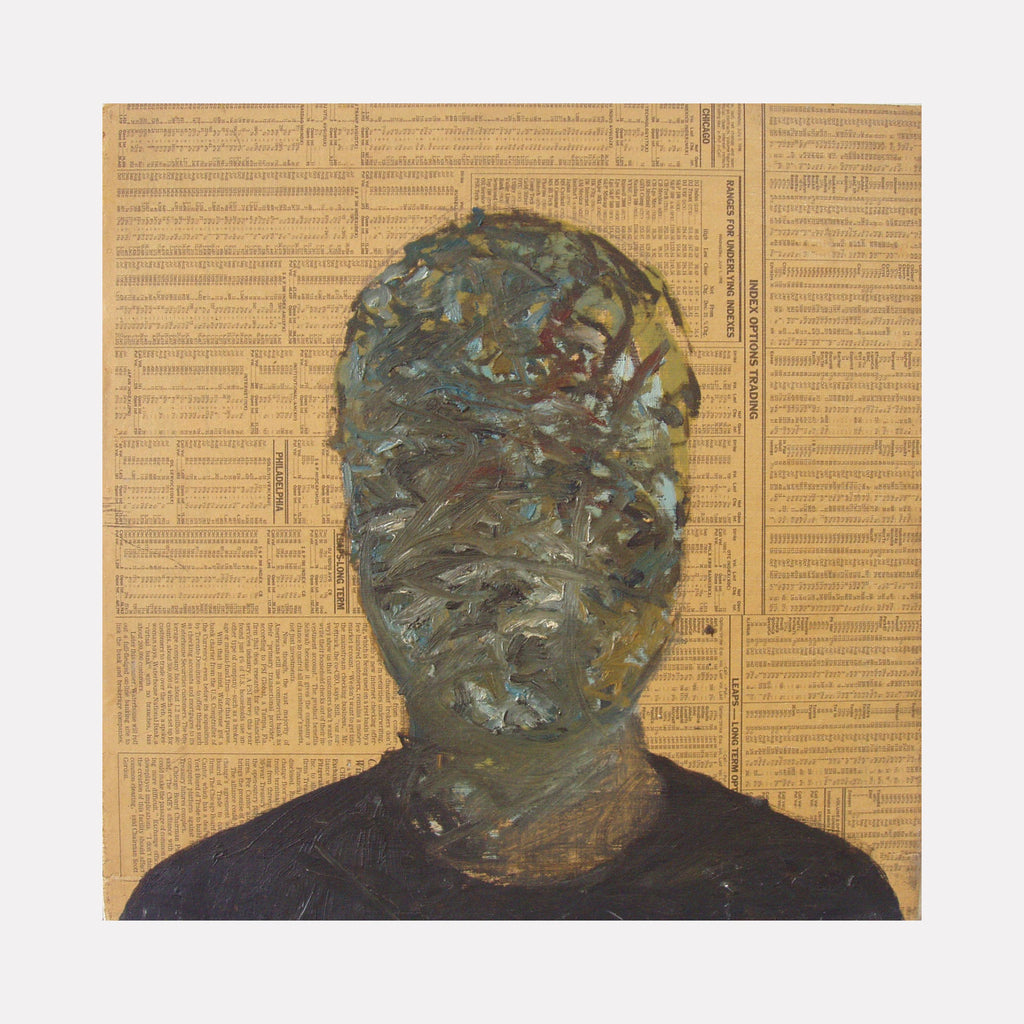 The artwork 'Marketed' by Matthew Cramer features an abstract portrait silhouette against vintage newspaper background. Textured oil paint in muted greens and blues creates a heavily impasto surface on the figure's head and shoulders, contrasting with the warm sepia tones of the newsprint canvas beneath. 18x18 inches original mixed media artwork by Matthew Cramer.