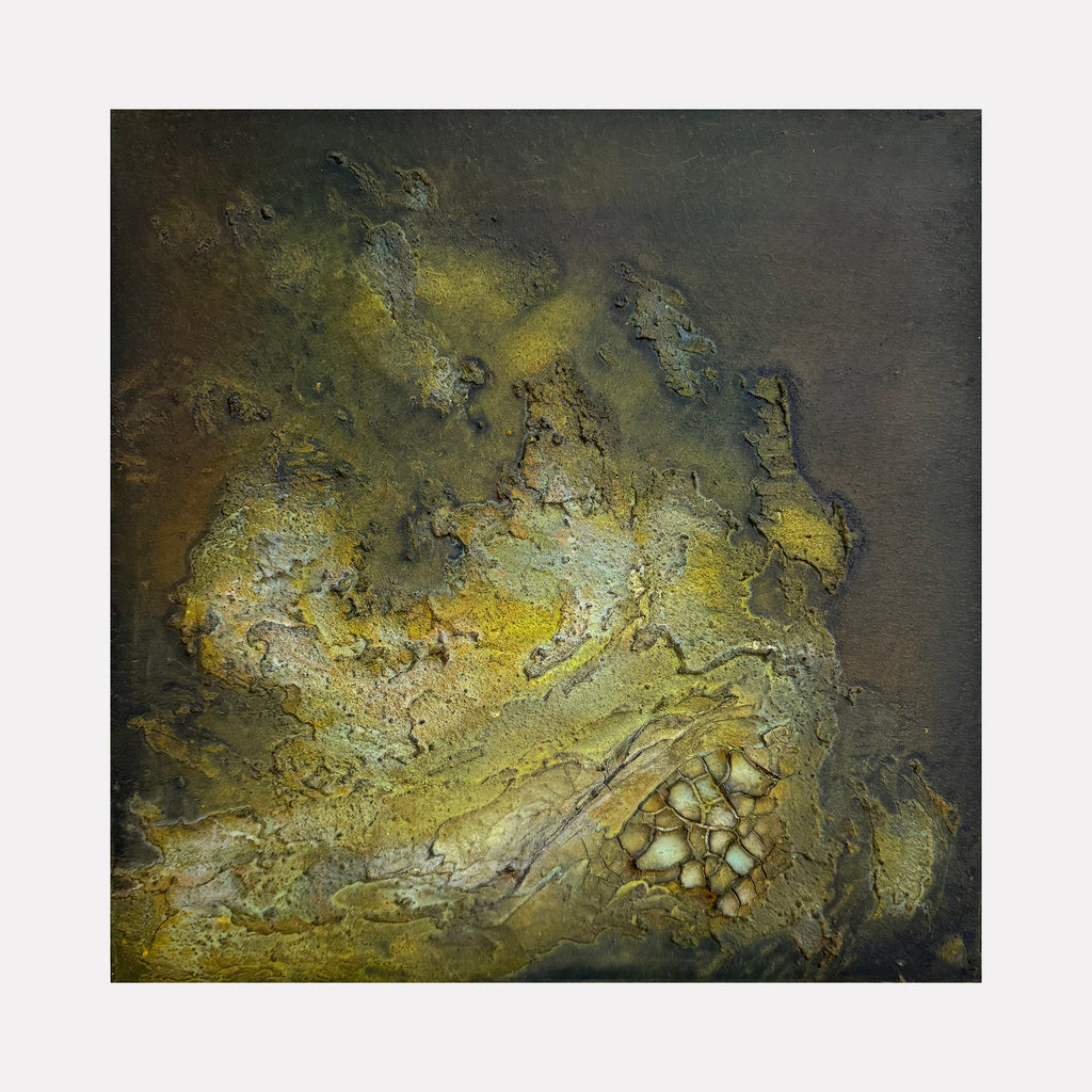 The artwork 'Marsh' by Abbey Stace features a textural abstract composition with layered plaster and sand creating an earthy landscape effect. Muted olive greens and golden yellows blend with dark undertones, while rough, crater-like surfaces evoke natural terrain. Small stone-like formations add organic detail to this mixed media piece by Abbey Stace.