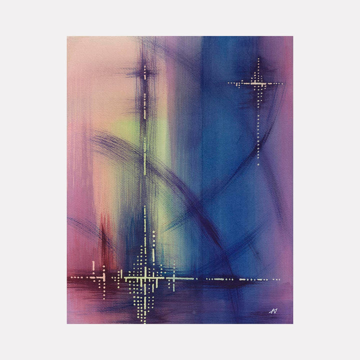 The artwork 'Mixed Signals' features abstract dotted cross patterns against a gradient background blending deep blues, purples, and soft pinks. The composition shows luminous points arranged in geometric formations, creating a sense of digital communication through watercolor medium. By Arthur Norcome.