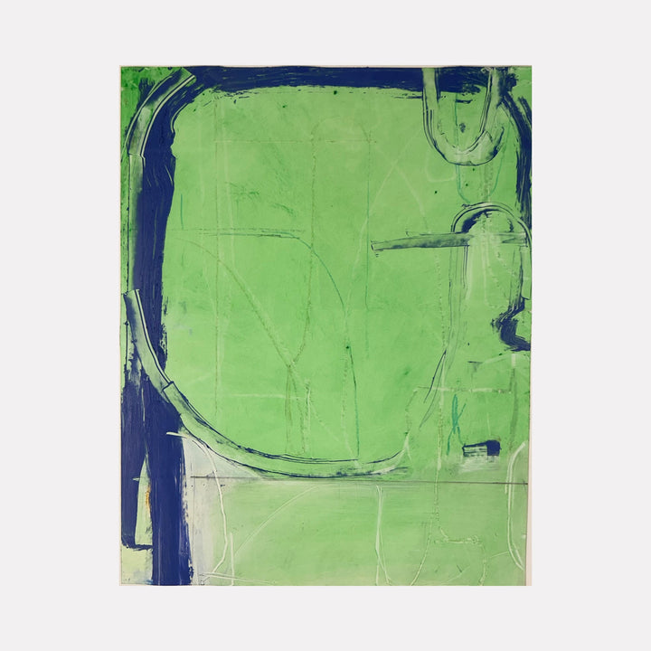 The artwork 'Mohonk Series no. 5' by Janice La Motta features bold abstract composition with dominant lime green field intersected by deep navy blue strokes. Created with oil stick on Yupo, the piece showcases gestural marks and geometric forms with subtle textural variations and clean linear elements. - Janice La Motta