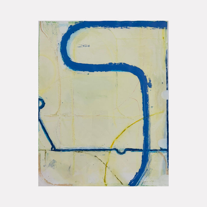 The artwork 'Mohonk Series no. 9' by Janice La Motta features a minimalist abstract composition with a bold curved blue line against a pale cream background. The oil stick on Yupo creates a textural contrast between smooth and rough surfaces, with subtle yellow accents and gestural marks creating depth and movement.