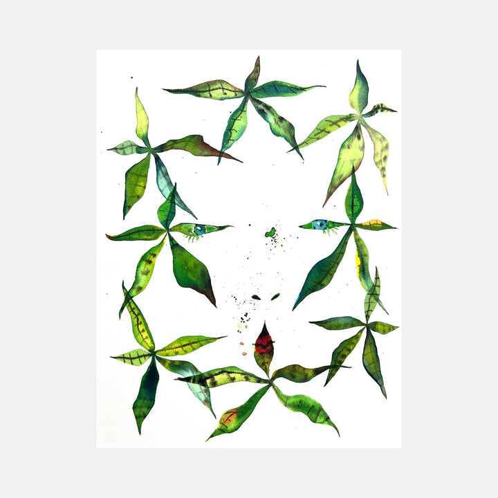 The artwork 'Money Tree Shot' by Monica Carrier features delicate watercolor leaves arranged in a circular pattern. Each leaf displays vibrant shades of green and yellow, with subtle variations in tone and transparency. The botanical illustration style captures the natural movement and organic shapes of money tree foliage, painted with archival ink on white paper.