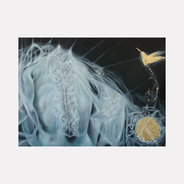 The artwork 'Naked III-Spina' features ethereal wisps of misty white forms against a dark background, with delicate golden accents floating in contrast. The composition exhibits a dreamlike quality with intricate, spine-like patterns and ethereal textures, suggesting organic movement. Mixed media artwork measuring 32x24 inches by Crystal Marshall.