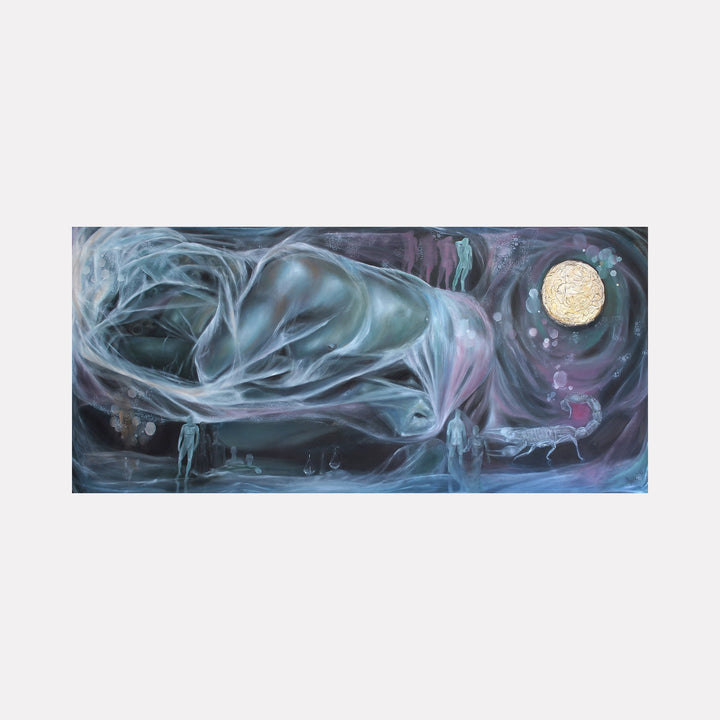 The artwork 'Naked IV-Rebirth' features ethereal flowing forms in translucent blues and grays, with a luminous golden orb against a deep purple-black cosmic background. Abstract shapes suggest movement through misty veils, creating a dreamlike atmosphere. Mixed media techniques blend textural elements across the 49x24 inch canvas by Crystal Marshall.