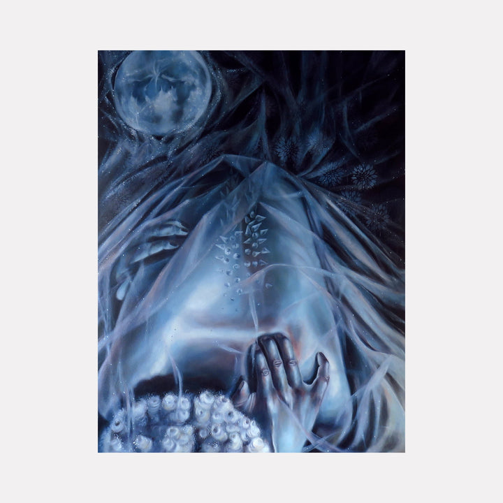 The artwork 'Naked I' by Crystal Marshall features ethereal blue tones with flowing fabric-like textures beneath a luminous full moon. Mysterious and dreamlike composition showcases layered mixed media elements, creating a mystical atmosphere with translucent veils and shadowy depths. The 31x24 inch piece incorporates delicate light effects and organic shapes in shades of midnight and cerulean blue.