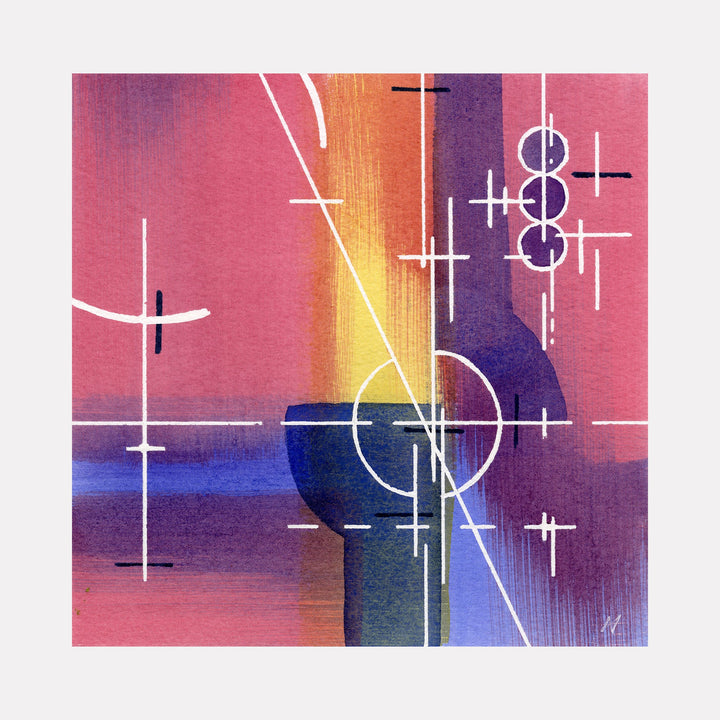 The artwork 'Neutron' by Arthur Norcome features abstract geometric patterns with white intersecting lines and circles on a vibrant gradient background of pink, orange, purple, and deep blue. The watercolor painting showcases a modernist composition with precise angular elements contrasting against soft color transitions in an 8x8 inch format by Arthur Norcome.