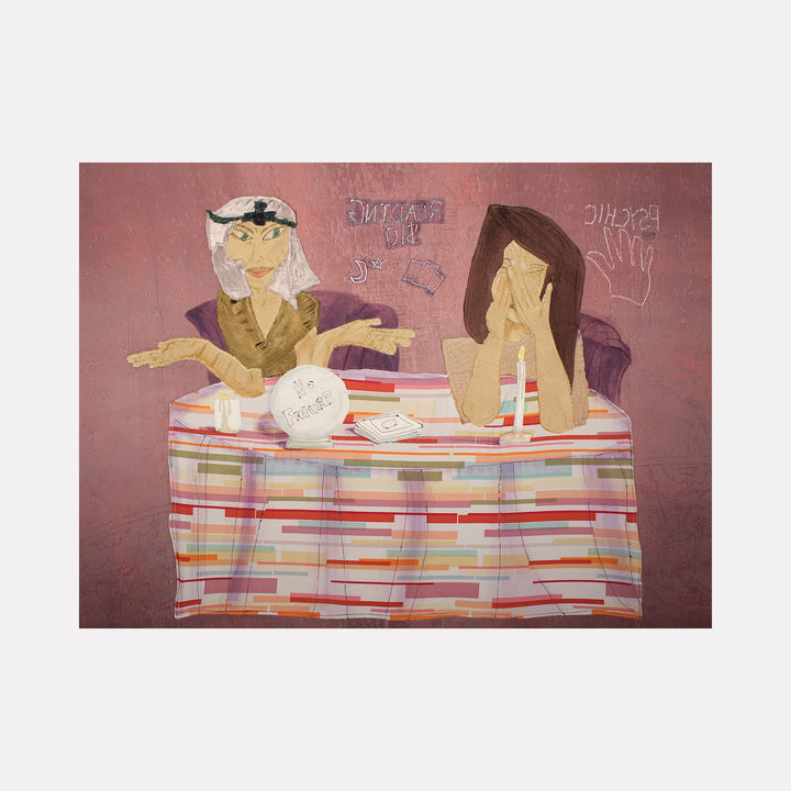 The artwork 'No Future for You' by Ali Ha features a collaged scene with two figures seated at a table covered in a vibrant striped fabric pattern in red, yellow, and pastel hues. Created using donated fabric in applique technique with acrylic paint details on a dusty rose background. The composition showcases textural elements through layered fabric and stitched details.