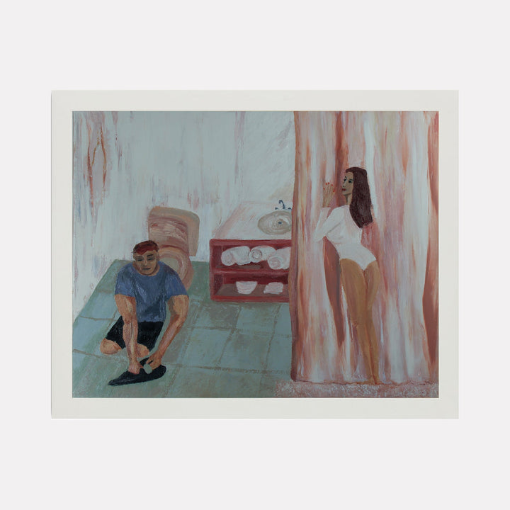 The artwork 'OCD Never Looked So Good' by Ali Ha features a bathroom scene painted in oil on canvas. A figure ties shoes on mint green floor tiles, while another figure stands near a rose-colored wall. The composition includes white bathroom fixtures and storage displaying folded towels, rendered in soft, muted tones with loose brushstrokes creating a dreamy, intimate atmosphere. By Ali Ha.