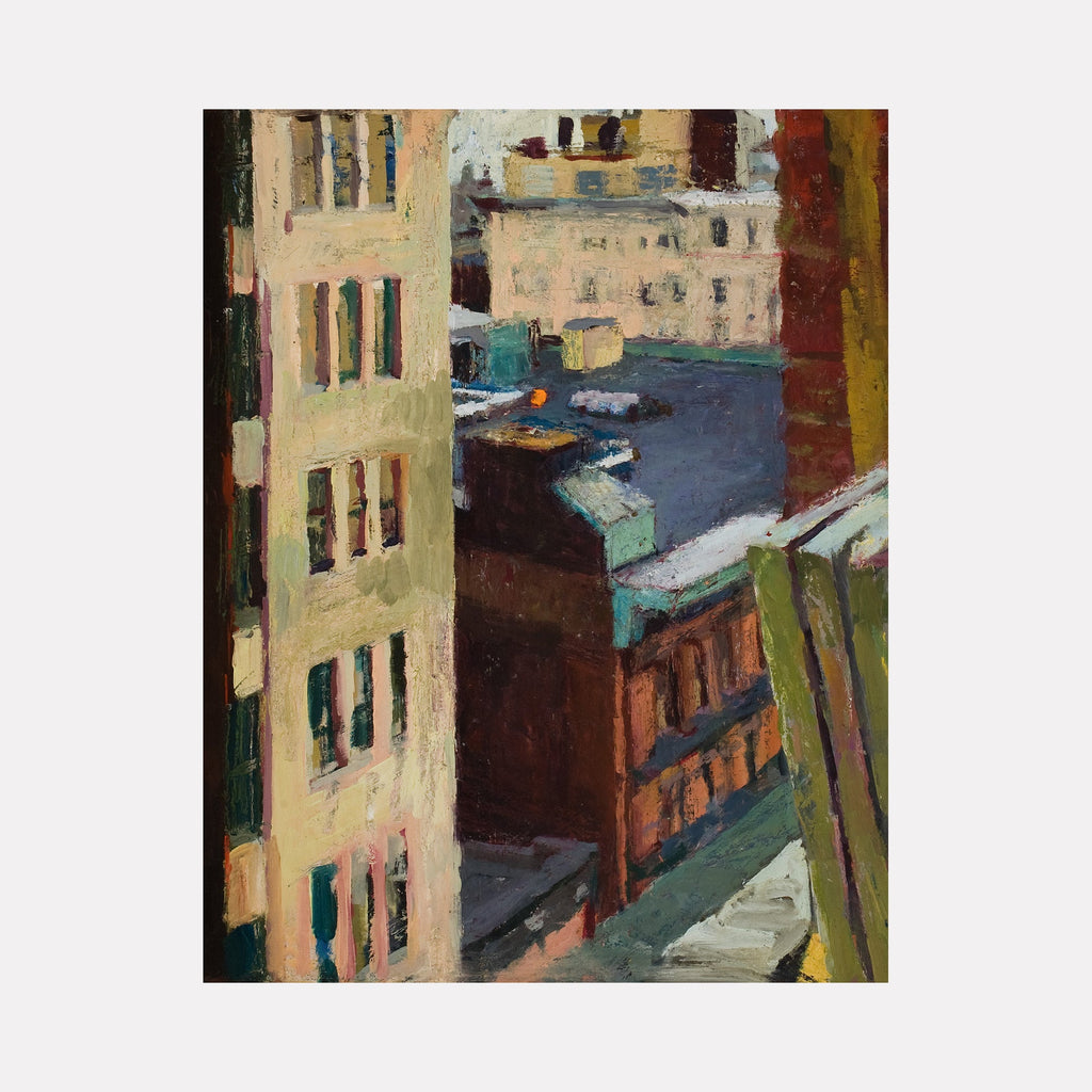 The artwork 'Orange Light' by Marianne Barcellona depicts an urban cityscape with tall buildings in muted beige and brown tones, featuring architectural elements such as rows of windows and rooftops. A striking orange orb punctuates the composition against a deep blue-grey sky, while green accents add depth to the geometric urban perspective. Oil on canvas, 24x30 inches. By Marianne Barcellona.