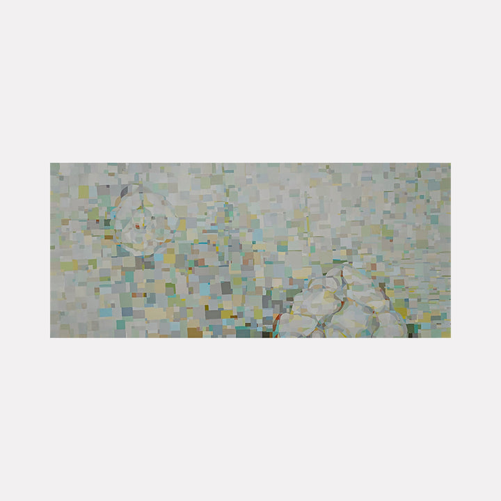 The artwork 'Mist' by Lisa Ingram features a mosaic-like composition of small geometric squares in soft pastel tones of grey, mint green, and pale blue. Abstract circular forms emerge through the pixelated texture, creating a dreamy, ethereal landscape effect. Oil paint on canvas, 14x18 inches, showcasing a contemporary impressionist style.