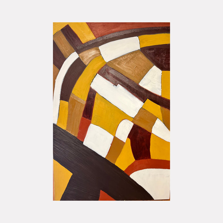 The artwork 'Originality' by Genevieve Antonello features an abstract geometric composition with bold curved shapes in mustard yellow, deep brown, cream white, and rust red. The oil painting on board showcases dynamic intersecting arcs and blocks creating a modernist pattern with rich textural brushstrokes and strong contrasting colors. Dimensions: 36x24 inches by Genevieve Antonello.