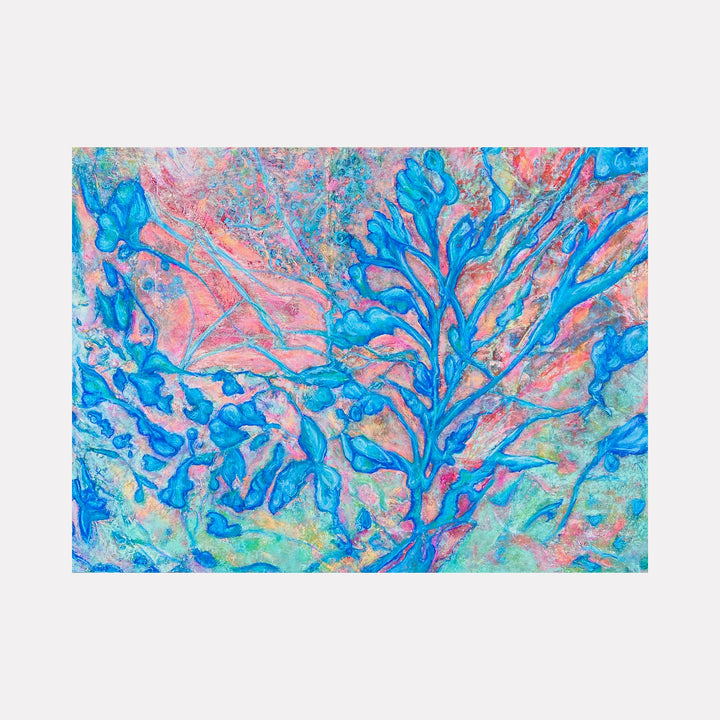 The artwork 'Pandora's Houseplant' by Cynthia Sumner features vibrant abstract botanical patterns in electric blue branching across a soft coral pink background. The mixed media composition creates a fluid, organic movement reminiscent of underwater flora, with turquoise accents and delicate leaf-like formations flowing throughout the 18x24 inch canvas.