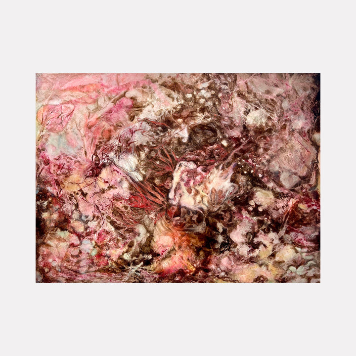 The artwork 'Pink Nebulae' by Cynthia Sumner features swirling abstract patterns in rich burgundy and pink tones, reminiscent of cosmic clouds. The mixed media piece showcases fluid textures with marbled effects, creating a dreamy, ethereal composition. Hints of cream and brown blend seamlessly, suggesting celestial movement across the 18x24 inch canvas.