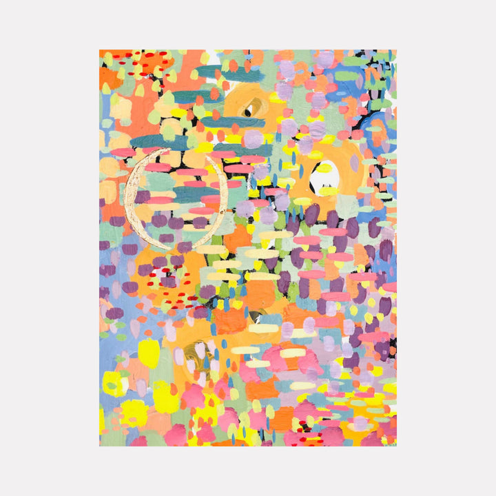 Pixel Rainbow 3 by Alexandra Jamieson features a vibrant abstract composition with pixelated mosaic-like patterns in coral, yellow, purple, and pastel hues. Gold foil circular elements float amid scattered geometric shapes, creating a dynamic interplay of colors and textures. The acrylic and ink artwork evokes a digital aesthetic with organic flowing movements.