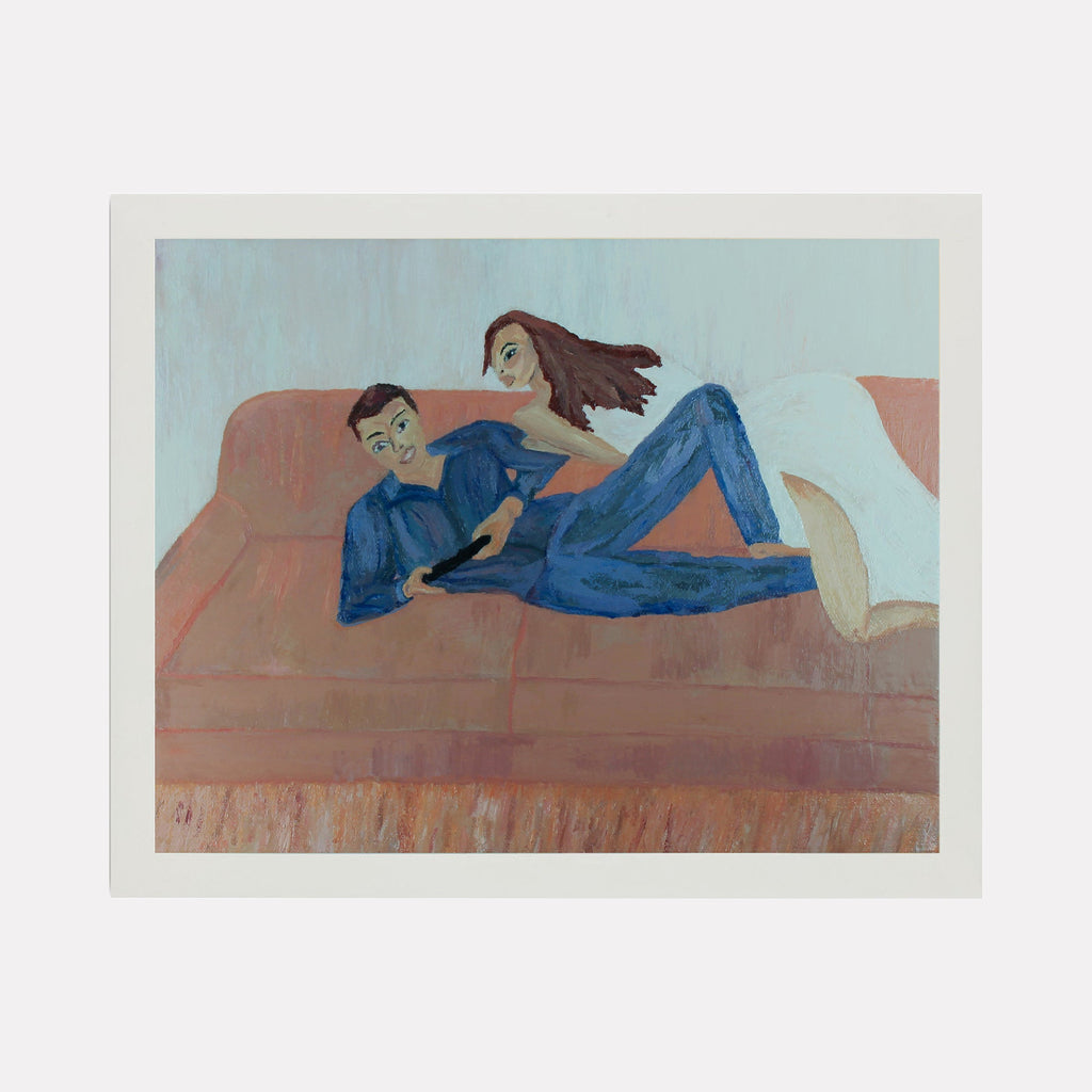 The artwork 'Playing Games' depicts two figures in casual interaction on a brown couch against a soft blue-green background. Oil painting features bold brushstrokes capturing movement, with dominant blue denim tones and warm brown hues. Contemporary naive style artwork on canvas measuring 11x14 inches by Ali Ha.