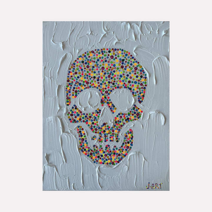 The artwork 'Rainbow' by Jean-Remi Barbier features a skull silhouette filled with vibrant multicolored dots against a textured light gray background. The skull is created using a pointillism technique with yellow, red, blue, and green dots. The heavily textured background shows dramatic acrylic brushstrokes creating a dimensional effect. 24x18 inches acrylic painting by Jean-Remi Barbier.