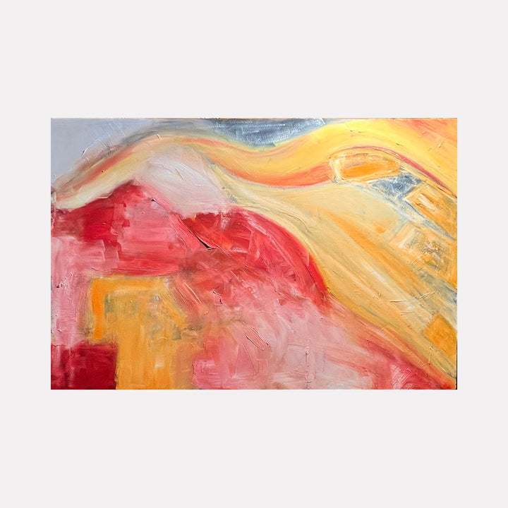 The artwork 'Rebirth' by Genevieve Antonello features bold abstract brushstrokes in warm tones of red, orange, and yellow, creating flowing curves and dynamic movement. Textured oil paint application reveals distinct layers and dimensional effects, with subtle blue undertones adding depth to this contemporary abstract composition.