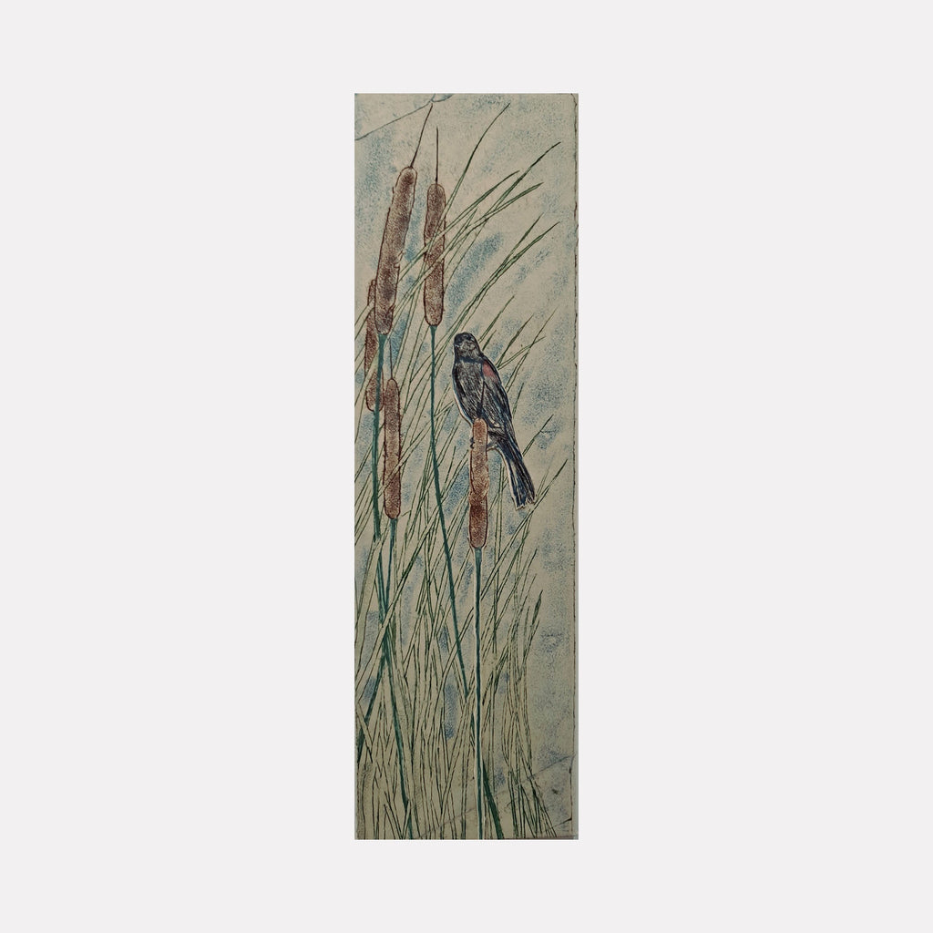 The artwork 'Red-Winged Blackbird' by Johanna Ryan features a delicate trace monotype depicting a blackbird perched among tall cattails and marsh grasses. The composition showcases earthy brown cattails, slender green reeds, and a detailed bird silhouette against a soft, muted beige background, capturing the natural essence of wetland flora and fauna.