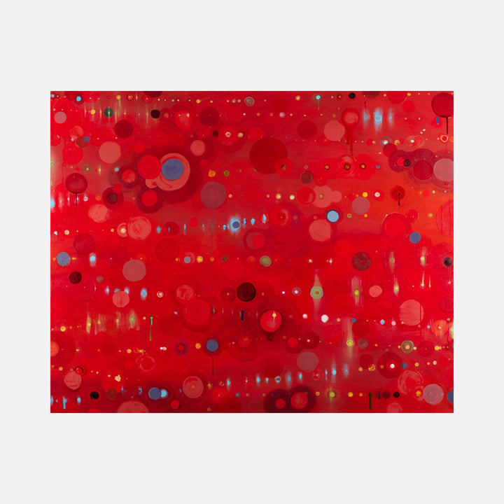 The artwork 'Red Paradigm' by Lisa Ingram features vibrant crimson abstract composition with scattered circular forms in varying sizes. Small blue and golden dots punctuate the intense red background, creating depth and movement. Drip-like vertical elements and translucent layering add texture to this contemporary oil painting, measuring 46x54 inches by Lisa Ingram.