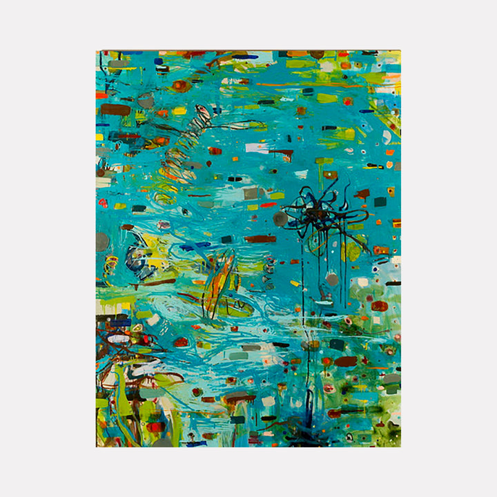 The artwork 'Repartee' by Lisa Ingram features an abstract expressionist composition dominated by vibrant turquoise waters dotted with splashes of yellow, orange, and black. Dynamic brushstrokes and dripping paint create a sense of movement, while scattered geometric shapes and organic forms float across the canvas. Oil paint application varies from thick impasto to translucent layers on this 60x48 inch canvas, by Lisa Ingram.