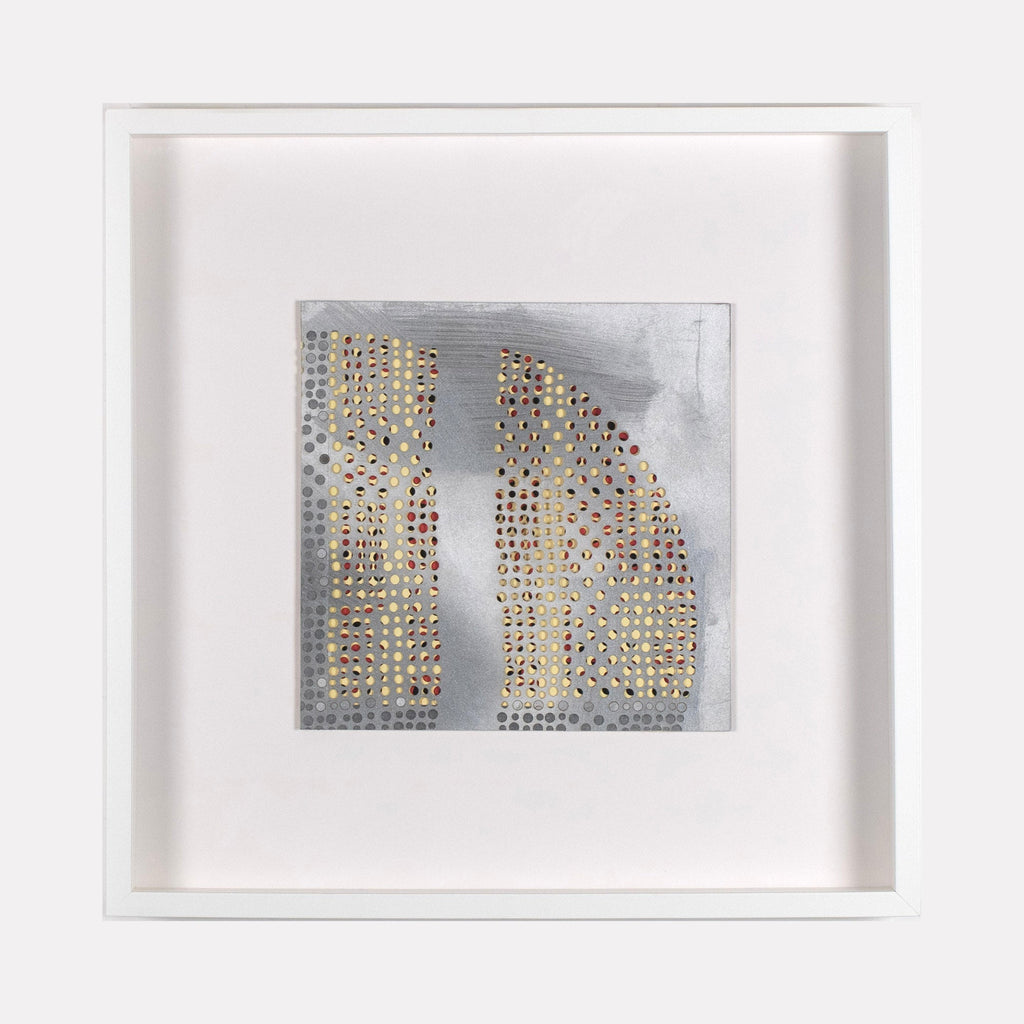 The artwork 'Rothesay' by Margaret Griffith features intricate perforated patterns on metallic silver paper, creating an architectural arc design. Colorful dots in red, yellow, and blue form systematic rows across the surface, contrasting with the metallic background. The piece, framed in crisp white, showcases precise paper-cutting technique and geometric abstraction.