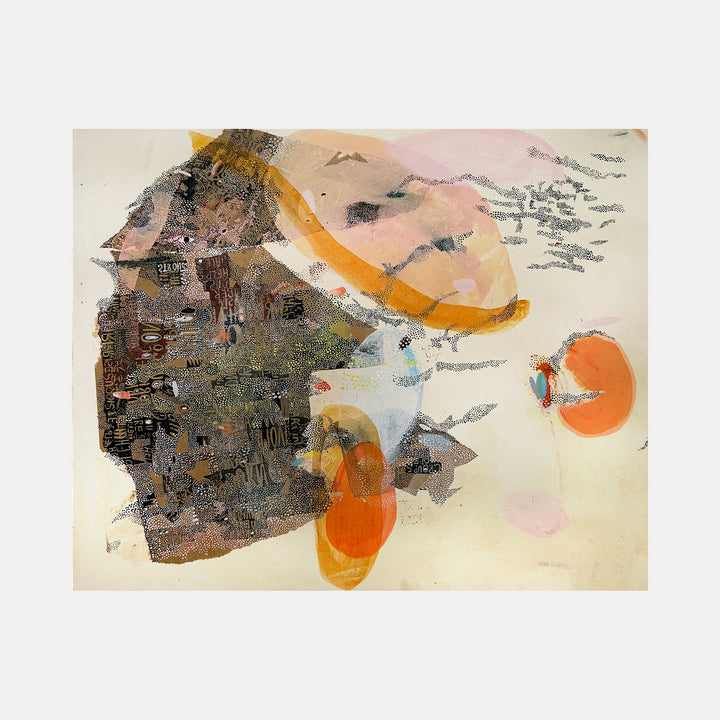 The artwork 'Small Solar System' by Amy Decker features abstract celestial shapes with a dominant dark textured mass contrasted by vibrant orange orbs. Mixed media on paper creates a dynamic composition with ethereal wisps of gray, soft pink undertones, and translucent layers suggesting cosmic movement across a cream-colored background.