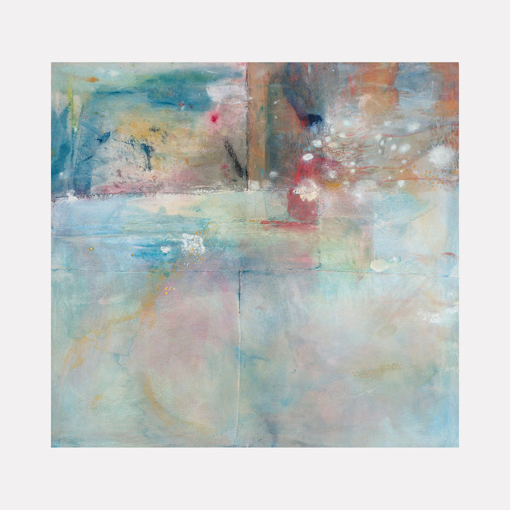 The artwork 'Splice Nice' by Amy Decker features ethereal abstract composition with soft blues, peaches, and muted yellows blending seamlessly across pieced canvas. Delicate white speckles suggest bubbles or atmospheric elements, while gentle washes of color create depth and movement. Mixed media techniques create textural interest in this contemporary 34x36 inch piece.